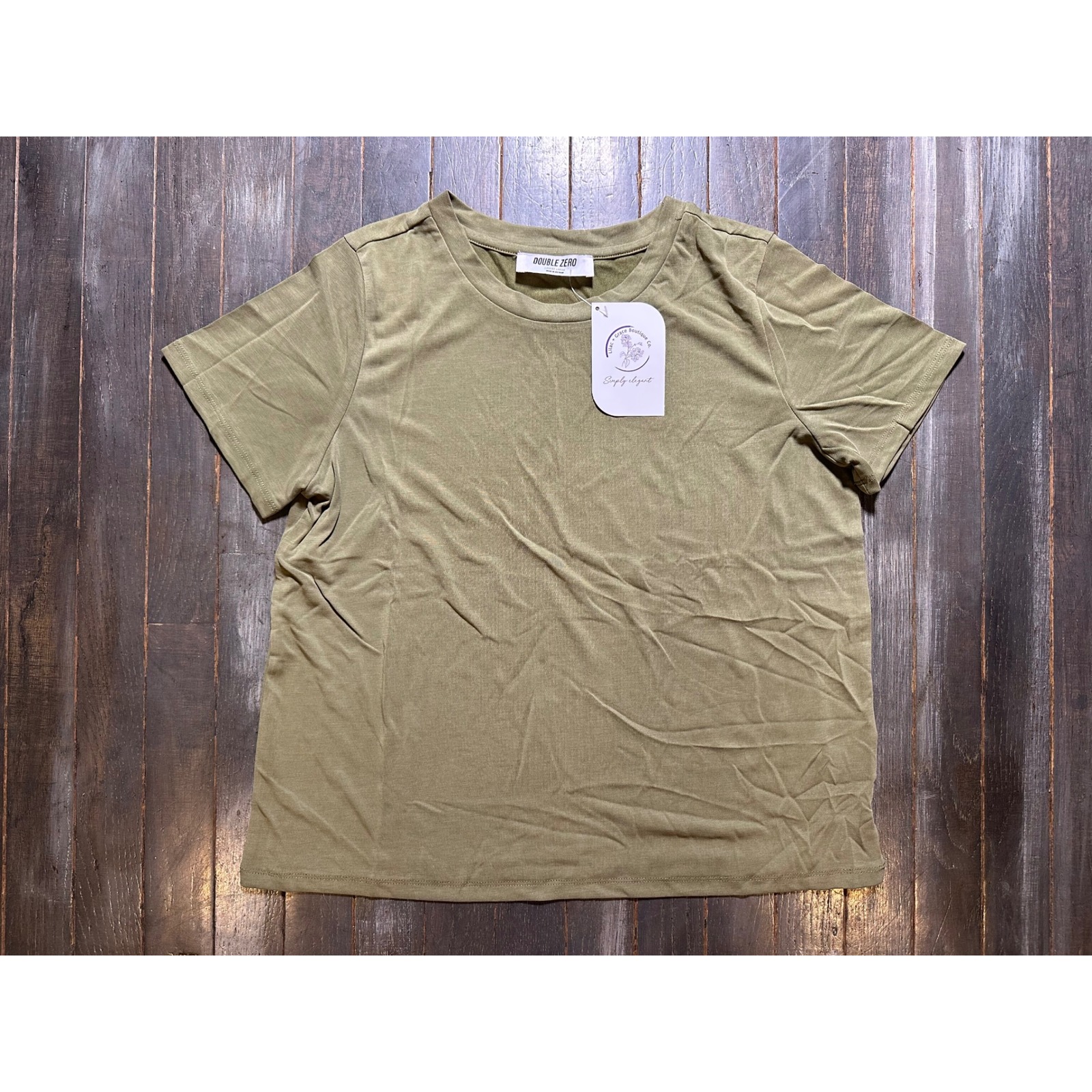 Double Zero Womens Olive Green Short Sleeve Crew Neck Relaxed Fit T-Shirt Nwt — image 2 of 3